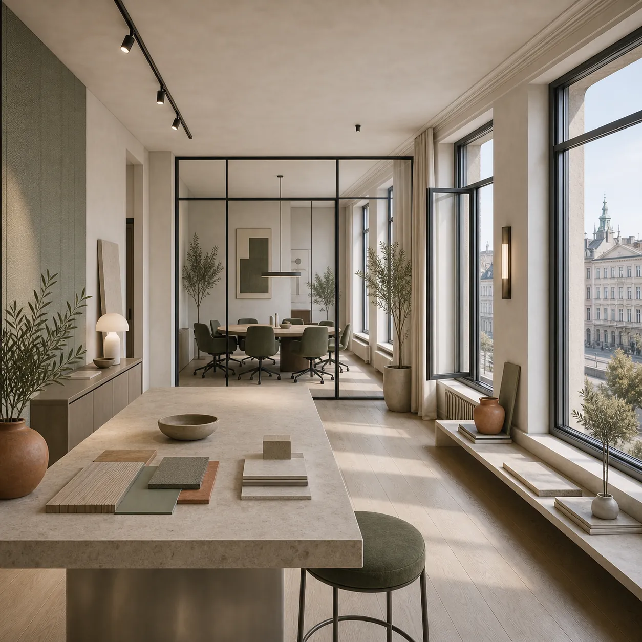 Studiobord med materialprover och mötesrum i ett kontor i Stockholm